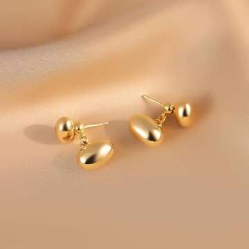 Chunky Gold Teardrop Earrings 18K Gold Lightweight Drop Metal bean earring 2 ways to wear it For women (Gold)