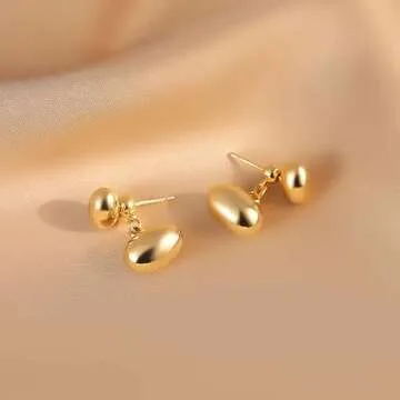 Chunky Gold Teardrop Earrings 18K Gold Lightweight Drop Metal bean earring 2 ways to wear it For women (Gold)