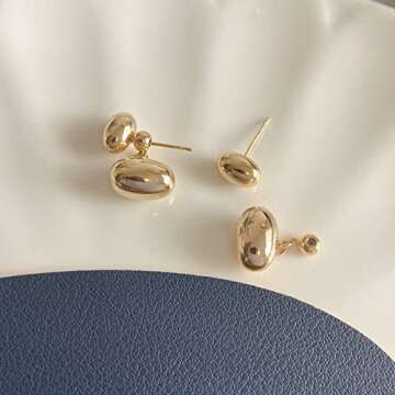 Chunky Gold Teardrop Earrings 18K Gold Lightweight Drop Metal bean earring 2 ways to wear it For women (Gold)