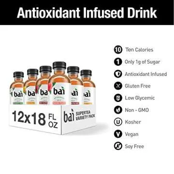 Bai Iced Tea, Supertea Variety Pack, Crafted with Black Tea and White Tea, 3 each Socorro Sweet Tea, Narino Peach Tea, Tanzania Lemonade Tea, Rio Raspberry Tea, 18 Fl Oz (Pack of 12)