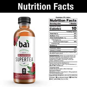 Bai Iced Tea, Supertea Variety Pack, Crafted with Black Tea and White Tea, 3 each Socorro Sweet Tea, Narino Peach Tea, Tanzania Lemonade Tea, Rio Raspberry Tea, 18 Fl Oz (Pack of 12)