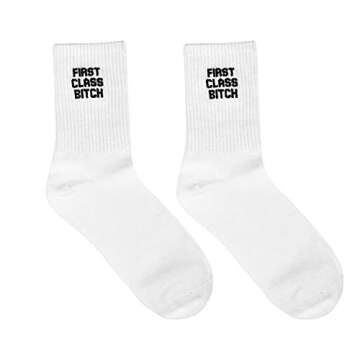 YAN XUAN mens Novelty Crew Tube Funny FUCK OFF Ribbed Knit Socks, First Calss Bitch, One Size