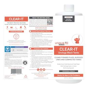 Unique Clear-It RV Black Tank Unclogger Liquid - Breaks Through Pyramid Plugs, Compacted Tanks, and Clogged Pipes (32 oz)