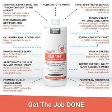 Unique Clear-It RV Black Tank Unclogger Liquid - Breaks Through Pyramid Plugs, Compacted Tanks, and Clogged Pipes (32 oz)