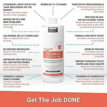 Unique Clear-It RV Black Tank Unclogger Liquid - Breaks Through Pyramid Plugs, Compacted Tanks, and Clogged Pipes (32 oz)