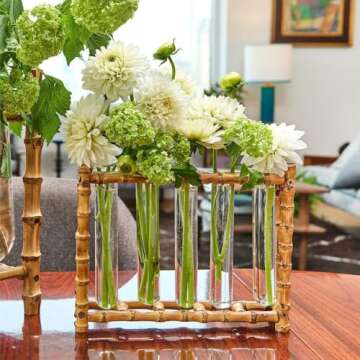 Two's Company Natural Bamboo Vase with 5 Glass Tubes - Modern Art Deco Floral Display, Rectangular P...