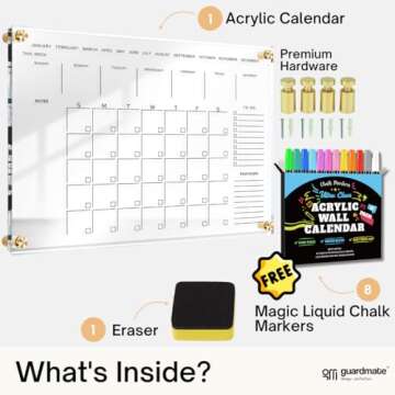 Classic Acrylic Calendar for Wall | Oversize 36' X 24' | Clear Home Office Glass Calander Dry Erase Board Large Reusable Whiteboard Big Monthly Family Planner 9X Liquid Chalk Markers