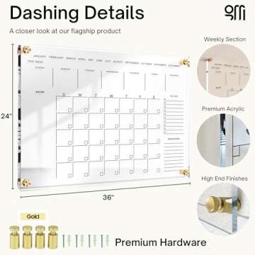 Classic Acrylic Calendar for Wall | Oversize 36' X 24' | Clear Home Office Glass Calander Dry Erase Board Large Reusable Whiteboard Big Monthly Family Planner 9X Liquid Chalk Markers