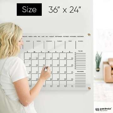 Classic Acrylic Calendar for Wall | Oversize 36' X 24' | Clear Home Office Glass Calander Dry Erase Board Large Reusable Whiteboard Big Monthly Family Planner 9X Liquid Chalk Markers