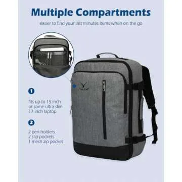 Hynes Eagle Carry on Backpack 38L Large Travel Backpack for Women Flight Approved Weekender Bag Laptop Backpack Men 15 inches Black Grey 2023