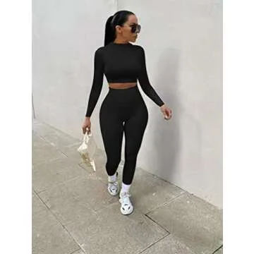 GOKATOSAU Women's Sexy 2 Piece Outfits Long Sleeve Crop Top Pants Set Club Jumpsuits Black