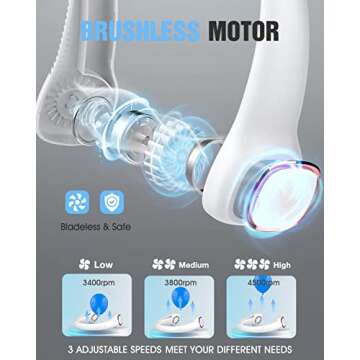 Bladeless Neck Fan, Portable Rechargeable Personal Fan, Hands Free Around the Neck Fan, 3 Speeds 4000mAh Battery Operated Wearable Cooling USB Hanging Neck Fan for Office, Travel, Outdoor