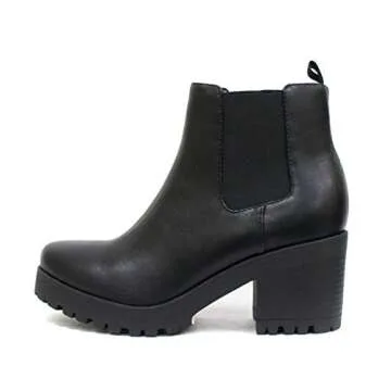 Soda Top Shoes Jaber Ankle Boot w/Lug Sole Elastic Gore and Chunky Heel (10 M US, Black PU)