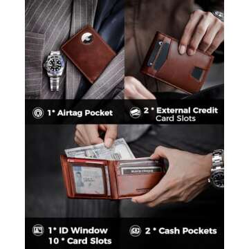 LORZOR AirTag Wallet- Bifold Full Grain Leather AirTag Wallet for Men, Minimalist Front Pocket Wallet with Airtag Holder, RFID Blocking, 12 Card Capacity Gift for Men(Vintage Brown)