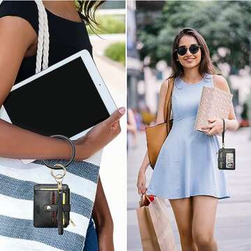 COOLANS Wristlet Bracelet Keychain Card Holder Card Pocket PU Leather Purse Tassel Keychain Bangle Key Ring for Women Girls (Card & Id Holder Purse 09 Litchi Pattern Black)