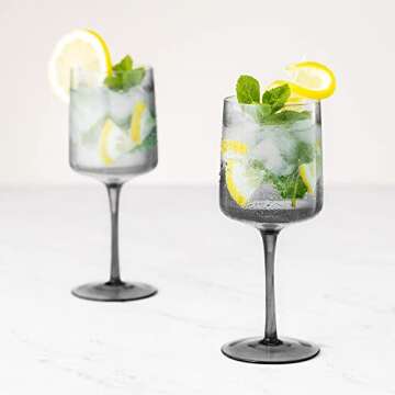 Navaris Gray Square Wine Glasses (Set of 4) - Smoke Color Wine Glasses with Stems - Glassware with S...