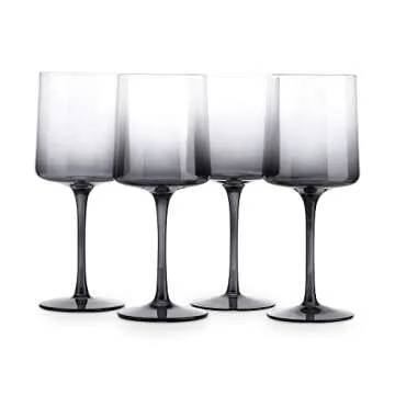 Navaris Gray Square Wine Glasses (Set of 4) - Smoke Color Wine Glasses with Stems - Glassware with Stem for Serving Wine, Cocktails, Beer, Dessert