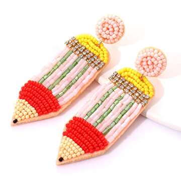 HZEYN 2 Pairs Teacher Earrings for Women Beaded Apple Pencil Drop Dangle Earrings Funny Back To School Gifts for Teacher Appreciation(Pink)