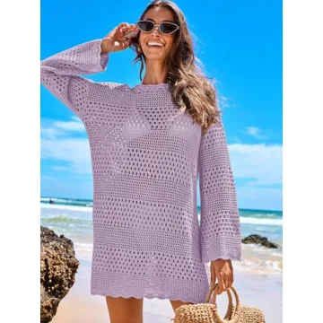 ANRABESS Women Swimsuit Crochet Swim Cover Up 2024 Summer Bathing Suit Swimwear Mesh Knit Beach Dress Vacation Outfits Light Purple Large