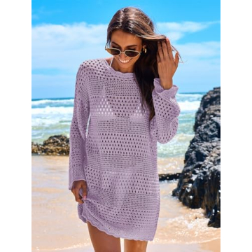 ANRABESS Women Swimsuit Crochet Swim Cover Up 2024 Summer Bathing Suit Swimwear Mesh Knit Beach Dress Vacation Outfits Light Purple Large