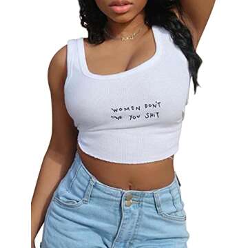 SansoiSan Women's Letter Embroidery Camisole Sleeveless Square Neck Knitted Slim Cropped Tank Top White Medium