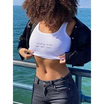 SansoiSan Women's Letter Embroidery Camisole Sleeveless Square Neck Knitted Slim Cropped Tank Top White Medium