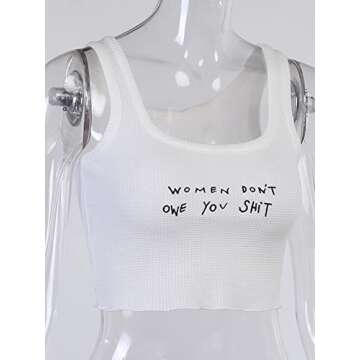 SansoiSan Women's Letter Embroidery Camisole Sleeveless Square Neck Knitted Slim Cropped Tank Top White Medium