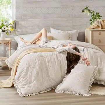 Degrees of Comfort Ruffle Bedding Set, Shabby Chic Farmhouse King Size Comforter Beige, Boho Fluffy ...