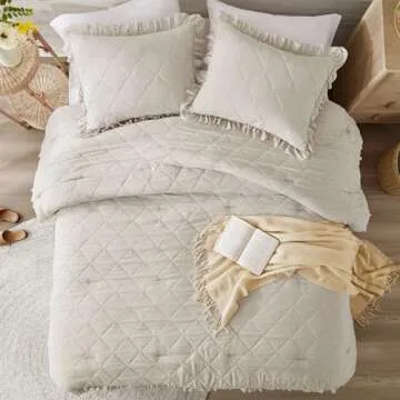Degrees of Comfort Ruffle Bedding Set, Shabby Chic Farmhouse King Size Comforter Beige, Boho Fluffy Cozy Washed Microfiber Bed Sets with Geometric Lattice Pattern, 3 Piece with Ruffled Pillow Shams