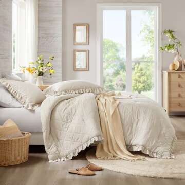 Degrees of Comfort Ruffle Bedding Set, Shabby Chic Farmhouse King Size Comforter Beige, Boho Fluffy Cozy Washed Microfiber Bed Sets with Geometric Lattice Pattern, 3 Piece with Ruffled Pillow Shams