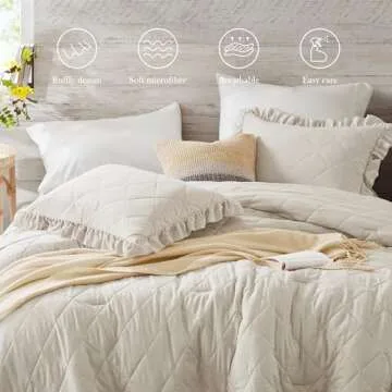 Degrees of Comfort Ruffle Bedding Set, Shabby Chic Farmhouse King Size Comforter Beige, Boho Fluffy Cozy Washed Microfiber Bed Sets with Geometric Lattice Pattern, 3 Piece with Ruffled Pillow Shams