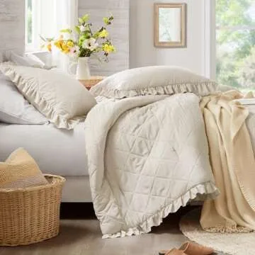 Degrees of Comfort Ruffle Bedding Set, Shabby Chic Farmhouse King Size Comforter Beige, Boho Fluffy Cozy Washed Microfiber Bed Sets with Geometric Lattice Pattern, 3 Piece with Ruffled Pillow Shams
