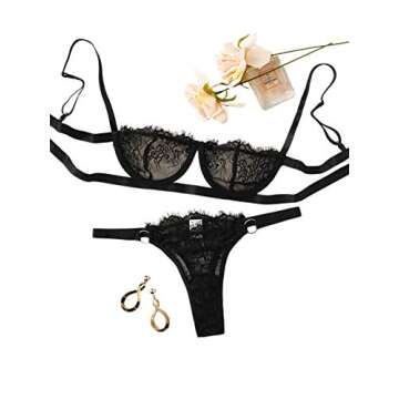 SheIn Women's 2 Piece Sexy Lace Strap Bralette Bra and Panty Lingerie Set Push Up Black Large