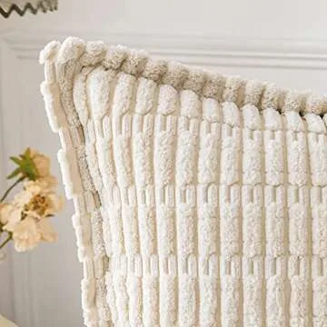 MIULEE Cream White Corduroy Decorative Throw Pillow Covers Pack of 2 Soft Striped Pillows Pillowcases with Broad Edge Modern Winter Cute Boho Home Decor for Couch Sofa Bed 18x18 Inch
