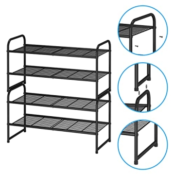 Simple Trending 2-Tier Stackable Shoe Rack, Metal Shoe Shelf Storage Organizer, Black