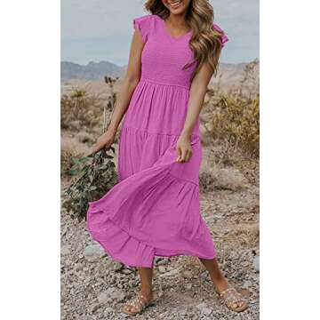 MEROKEETY Women's Ruffle Cap Sleeve Smocked V Neck Flowy Pleated Maxi Midi Dress with Pockets, Magenta, XL