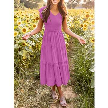 MEROKEETY Women's Ruffle Cap Sleeve Smocked V Neck Flowy Pleated Maxi Midi Dress with Pockets, Magenta, XL