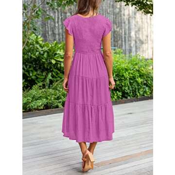 MEROKEETY Women's Ruffle Cap Sleeve Smocked V Neck Flowy Pleated Maxi Midi Dress with Pockets, Magenta, XL