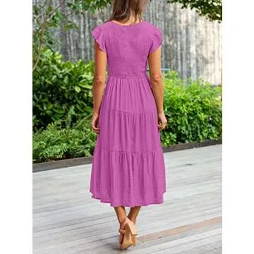 MEROKEETY Women's Ruffle Cap Sleeve Smocked V Neck Flowy Pleated Maxi Midi Dress with Pockets, Magenta, XL