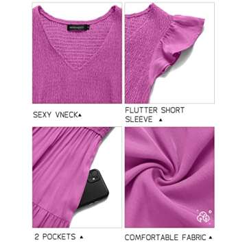 MEROKEETY Women's Ruffle Cap Sleeve Smocked V Neck Flowy Pleated Maxi Midi Dress with Pockets, Magenta, XL