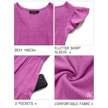 MEROKEETY Women's Ruffle Cap Sleeve Smocked V Neck Flowy Pleated Maxi Midi Dress with Pockets, Magenta, XL