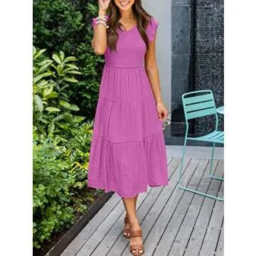 MEROKEETY Women's Ruffle Cap Sleeve Smocked V Neck Flowy Pleated Maxi Midi Dress with Pockets, Magenta, XL
