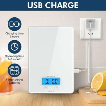 KOIOS USB Rechargeable Food Scale, 33lb/15Kg Kitchen Scale Digital Weight Grams and oz for Cooking Baking, 1g/0.1oz Precise Graduation, Waterproof Tempered Glass, 6 Weight Units, Tare Function