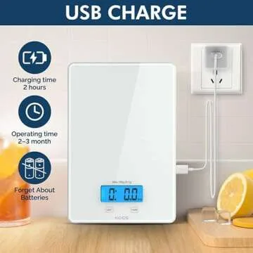 KOIOS USB Rechargeable Food Scale, 33lb/15Kg Kitchen Scale Digital Weight Grams and oz for Cooking Baking, 1g/0.1oz Precise Graduation, Waterproof Tempered Glass, 6 Weight Units, Tare Function
