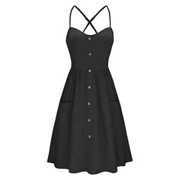 KILIG Women's Summer Casual Sundress Spaghetti Strap Button Dress with Pockets (B2-Black, Small)
