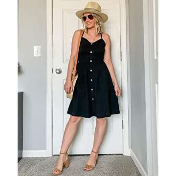 KILIG Women's Summer Casual Sundress Spaghetti Strap Button Dress with Pockets (B2-Black, Small)