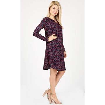 Womens V Neck Cut Printed Casual Long Sleeve Shift Dress - Made in USA