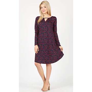 Womens V Neck Cut Printed Casual Long Sleeve Shift Dress - Made in USA
