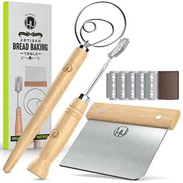 LHU Bread Making Tools and Supplies - Set of 3 - Danish Dough Whisk, Bread Lame, Bench Scraper - Dou...