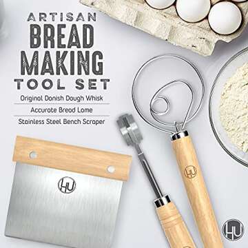 LHU Bread Making Tools and Supplies - Set of 3 - Danish Dough Whisk, Bread Lame, Bench Scraper - Dough Hook with Bread Scraper, Lame Bread Tool, Blades - Great for Baking Sourdough, Pizza, Pastry